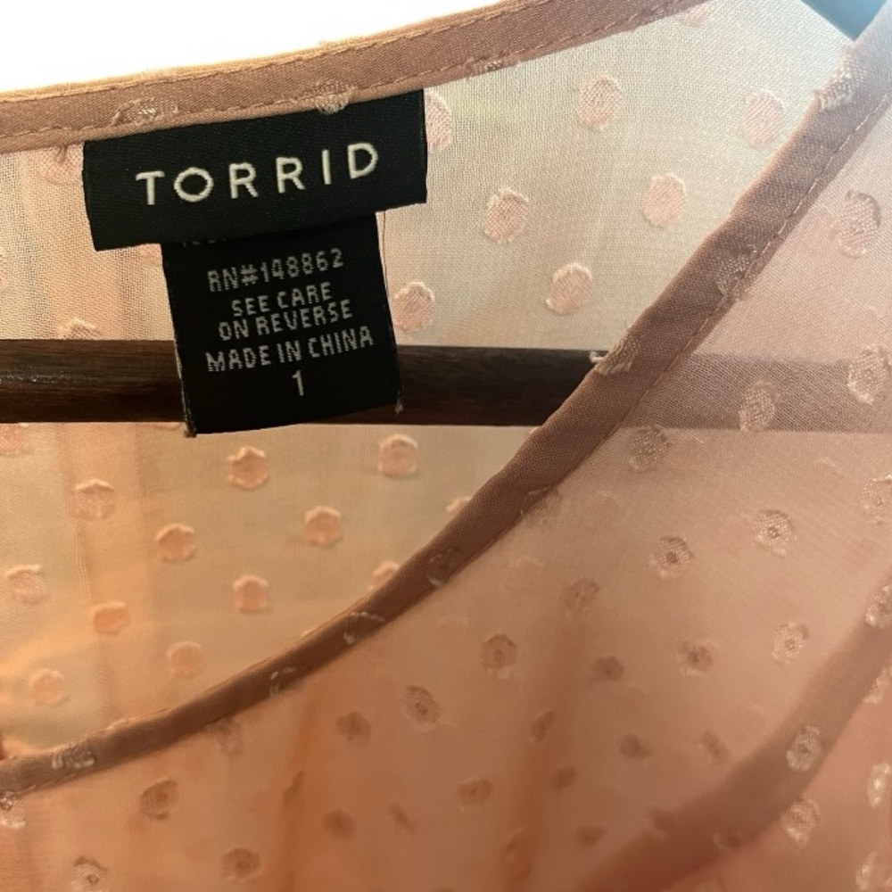 TORRID LIGHT PINK CHIFFON SHEER SWISS DOT RUFFLE BLOUSE SZ 1X - Picture 4 of 7